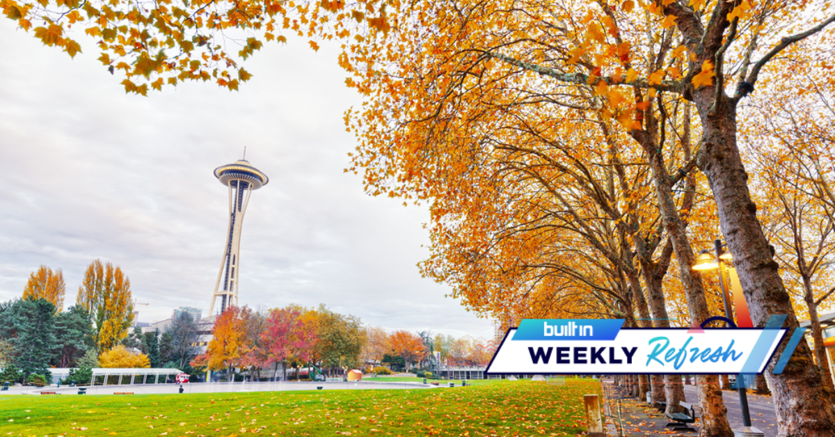 Seattle Space Needle surrounded by fall leaves