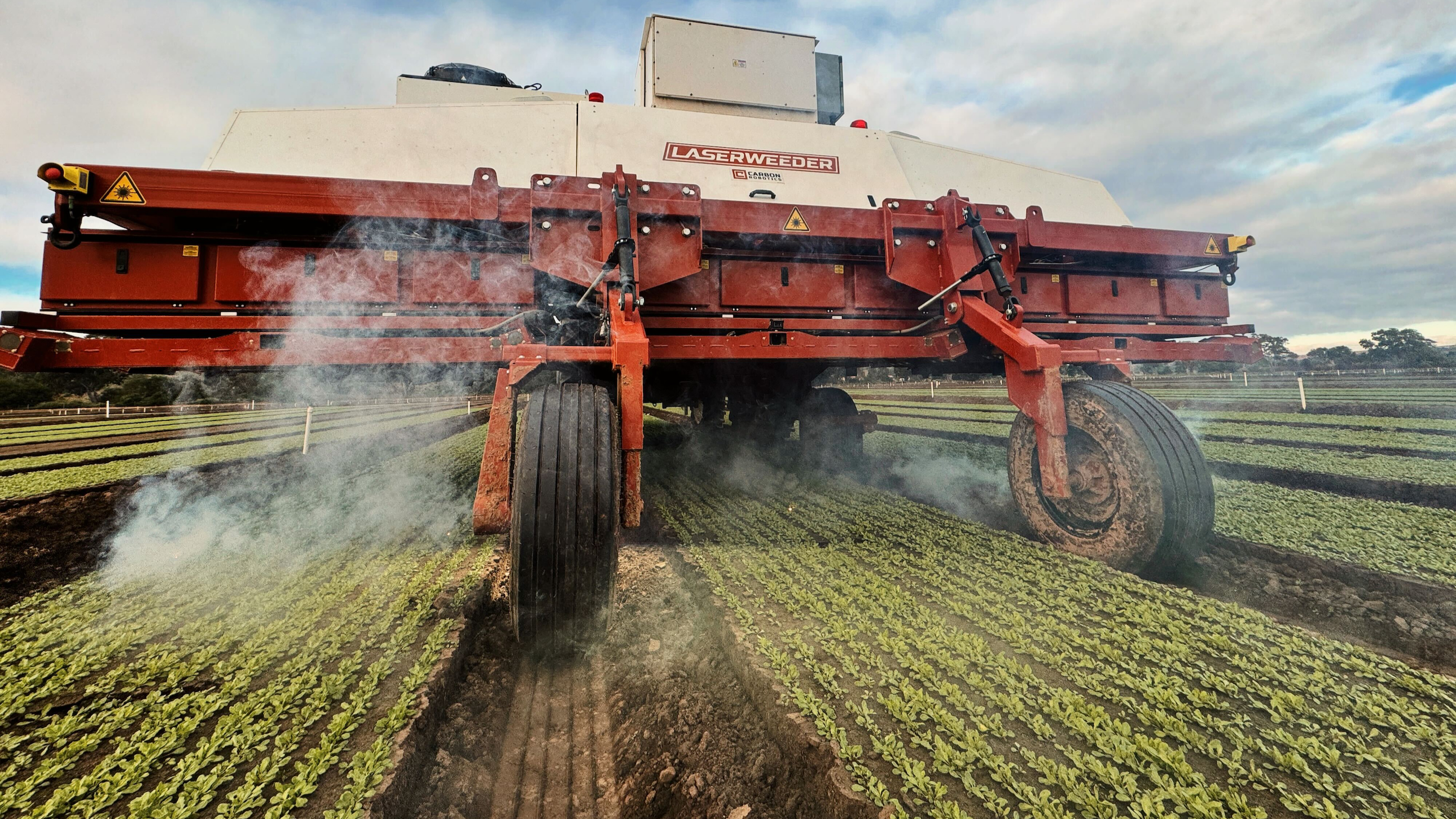 LaserWeeder tool in action on a farm, zapping away weeds with its AI-powered lasers, leaving little tufts of smoke among the crops.